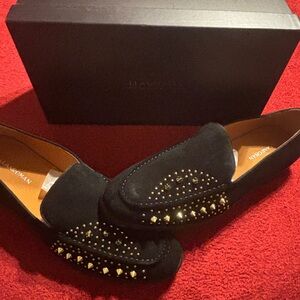 Elanroman Designer Black Gold Studded Suede Loafers. Red Soles. Men’s size 46/13